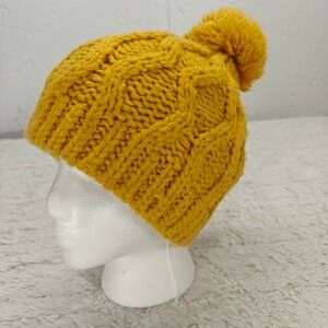 Moon Shadow Mustard Yellow Cable Knit Lined Beanie Hat Pom Boho Cozy Winter Warm